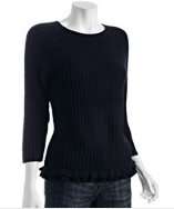 style #301850401 navy ribbed crewneck ruffle detail sweater