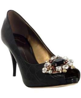 Giuseppe Zanotti black croc leather jeweled peep toe pumps   