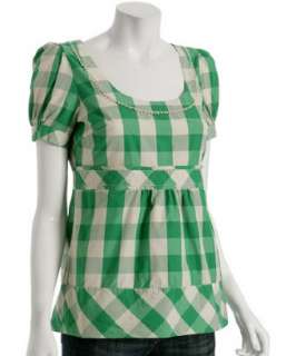 Juicy Couture green gingham cotton silk puff sleeve blouse   