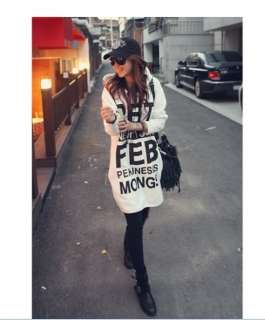 Korea Womens Casual White Letter Long Hoodie Outerwear  