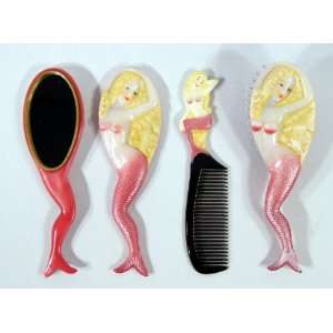   Handpainted Pink Mermaid Hair Brush Mirror Comb Set (set of 3) Beauty