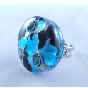   Black Silver Circle Venetian Murano Glass Adjustable Ring Jewelry