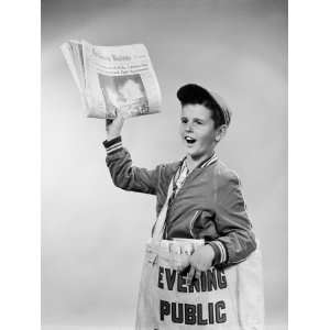  Paperboy Selling Newspapers, Holding Paper Up in One Hand 