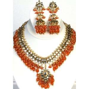  Orange Bridal Kundan Necklace Set with Chandelier Earrings 