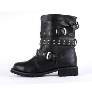   Punk Studs Buckle Strap Round Toe Motorcycle Riding Boots Shoes  
