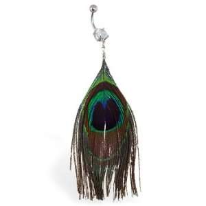  Belly ring with large dangling peacock feather Jewelry