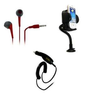   Stereo Earbud Headphones (Red) + Car Dashboard Mount + Car Charger