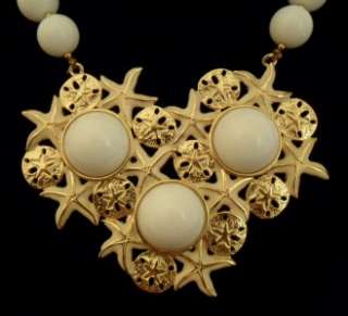   & Enamel Sand Dollar Starfish Bib Necklace  White Lucite Beads NOS