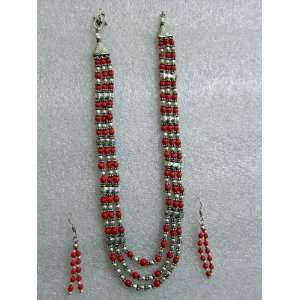 Costume Jewelry 3 strands Munga Red Gemstone Silver Oxidized Necklace 
