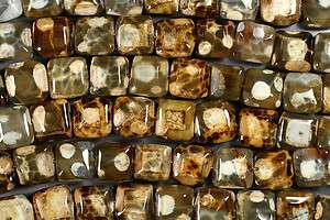SUPER SPOTTED GRAY GREEN & WARM BROWN CRAB AGATE FACETED SQUARE BEADS 