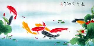 Large hand painted Oriental Chinese watercolor Painting Carps   Nine 