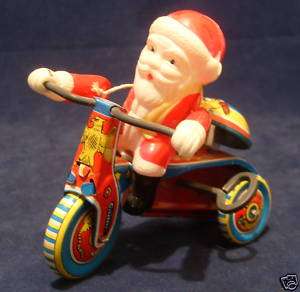 1950s Celluloid Santa Riding Tin Tricycle Awesome Toy  