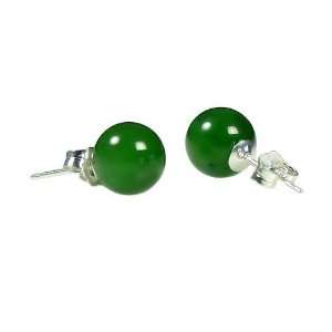   Silver 8mm Natural Nephrite Green Jade Ball Stud Post Earrings