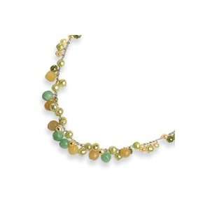  Sterling Silver Green Yellow Jade Pearl Necklace   17 Inch 