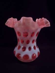 Vintage Fenton Cranberry, White, Art Glass Coin Dot Vase  