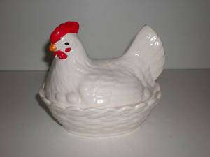 Vintage White Hen on Nest Ceramic Dish Container Plate  