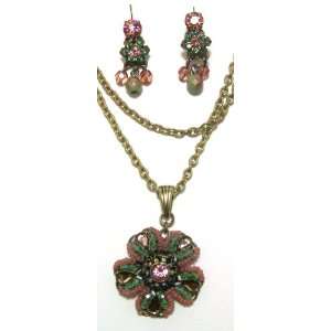   Filigree Beaded Flower Pendant Necklace and Matching Earrings Jewelry